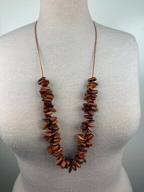 Brown Wood Nugget on Cord Necklace Adjustable/Ties 38"